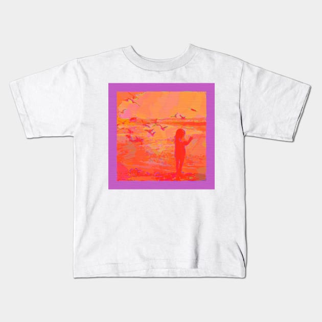 Girl and Seagulls Abstracted in Neon Colors Kids T-Shirt by DANAROPER